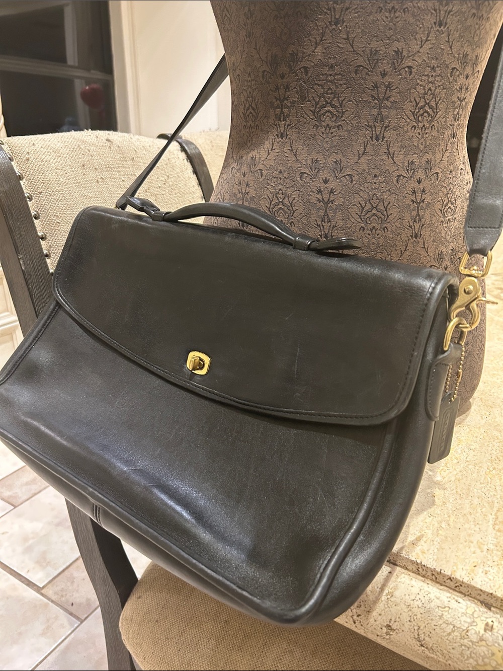 Coach Black Leather Laptop Messenger Bag with Gold Hardware
